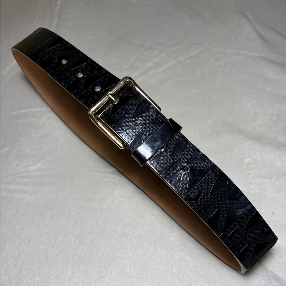 Michael Kors MK Logo‎ Black Synthetic Leather Belt with Gold Buckle